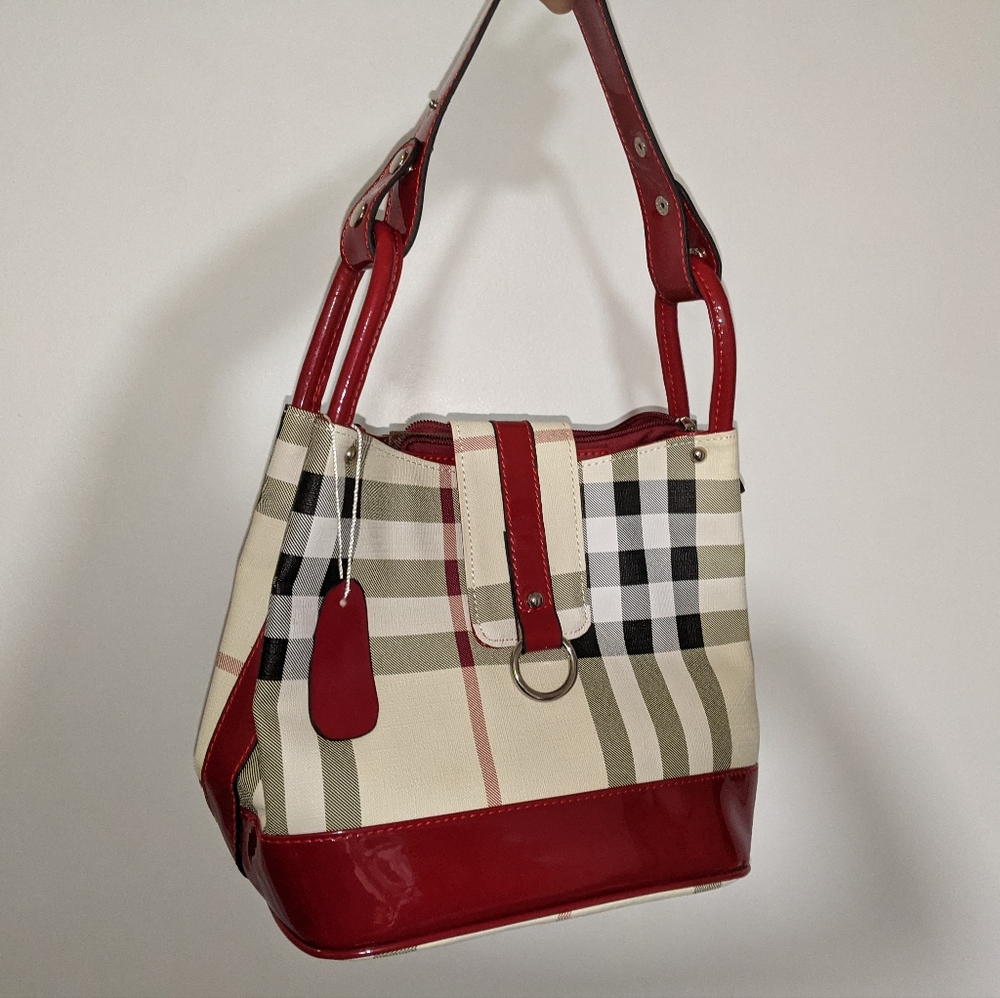 Plaid handbag cherry red glossy faux leather trim